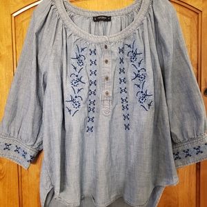 Chambray Peasant Top w/ Embroidery - Lucky Brand XL